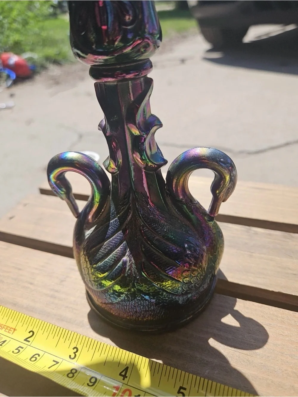 Fenton Carnival Glass Swan Candlesticks Pair Iridescent - repaired